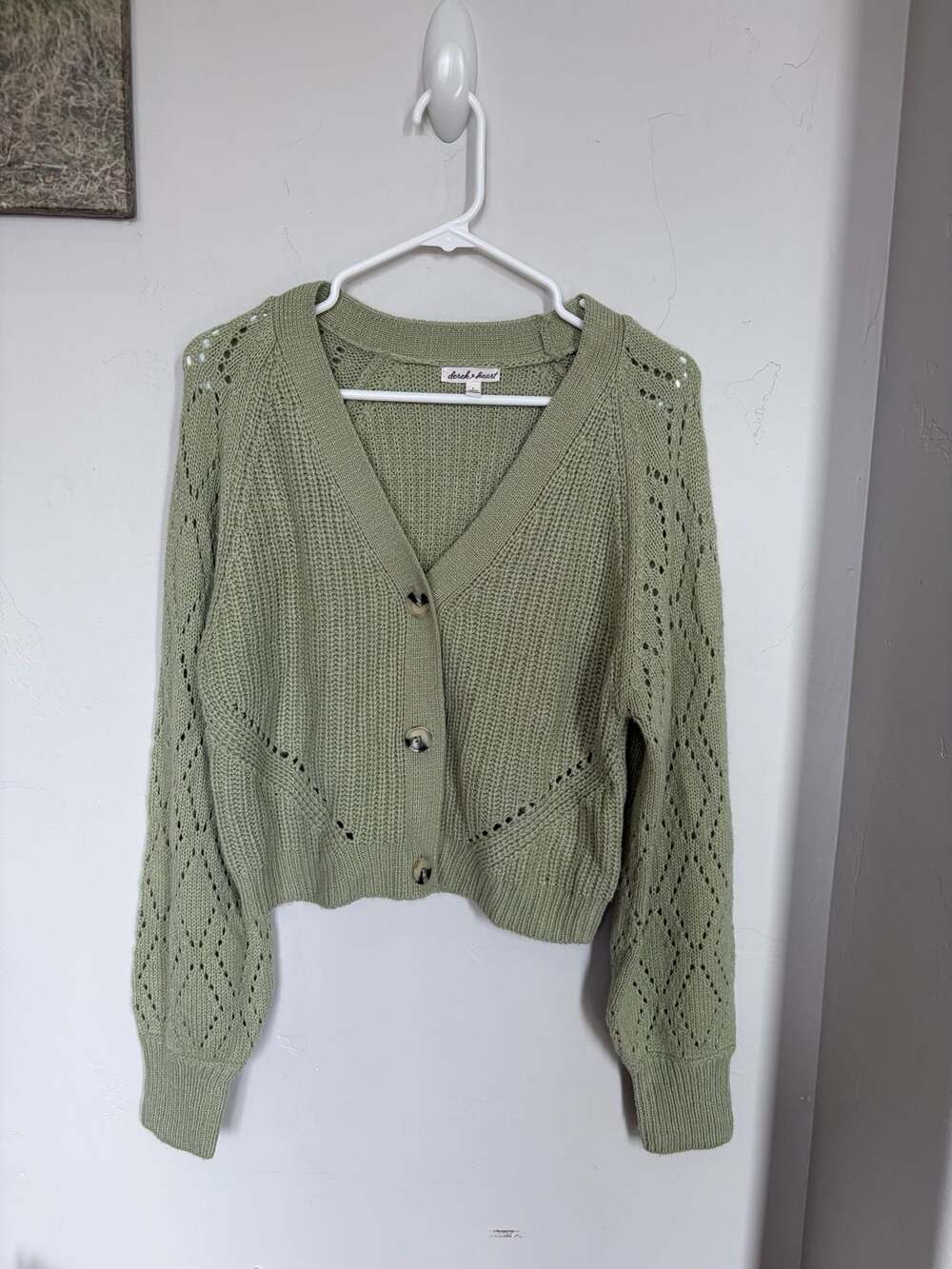 derek heart Women's Sage Green Open-Knit Cropped Cardigan
